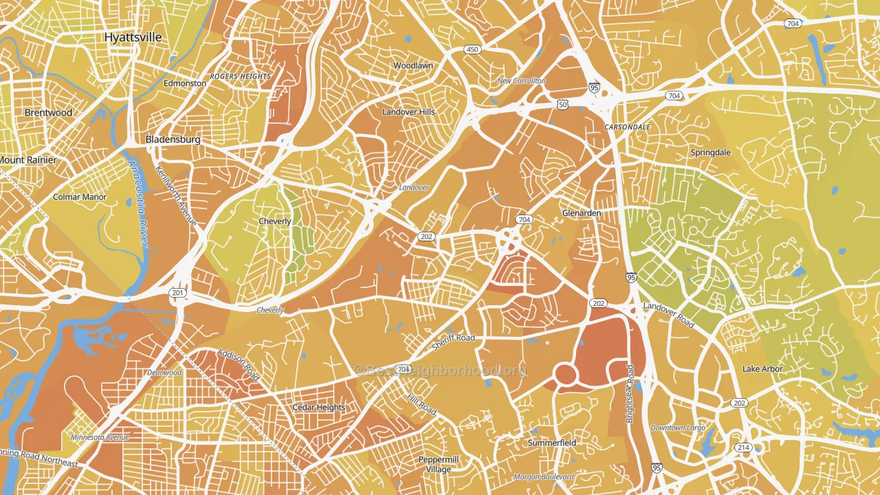 Map of the best neighborhoods in the Landover area, with better matches in green and worse matches in red