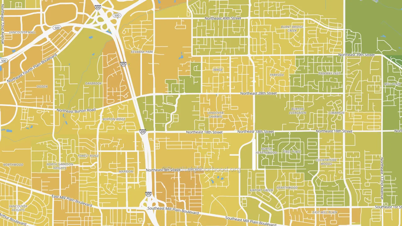 Map of the best neighborhoods in the Landover-Sharmel, Vancouver area, with better matches in green and worse matches in red