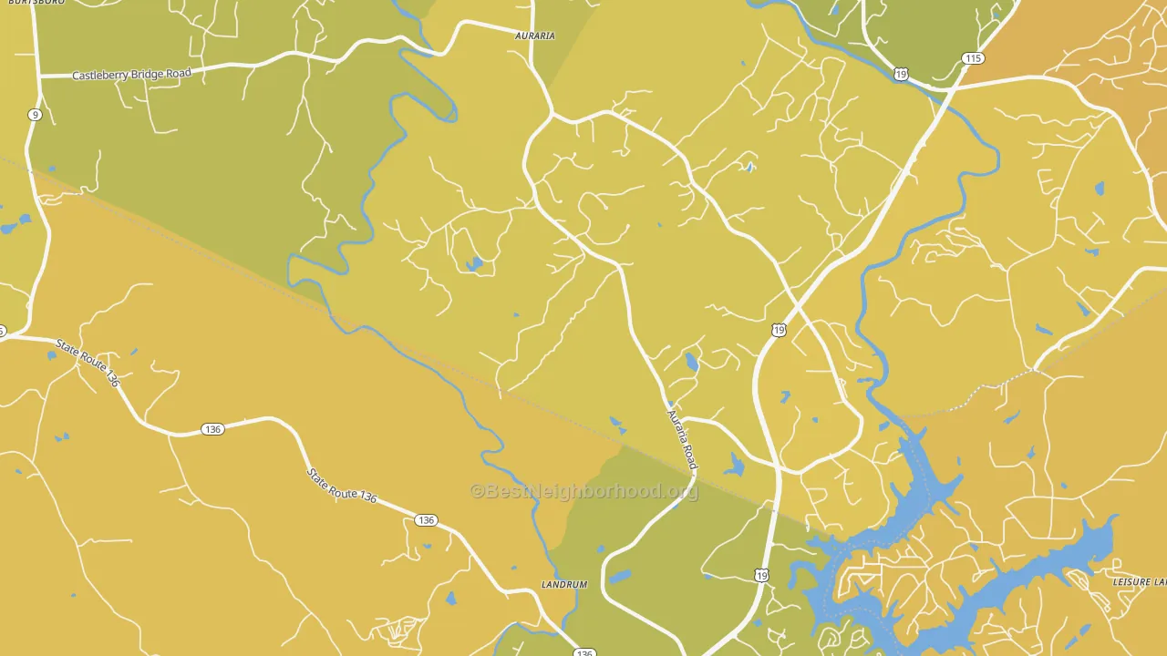 Map of the best neighborhoods in the Landrum area, with better matches in green and worse matches in red