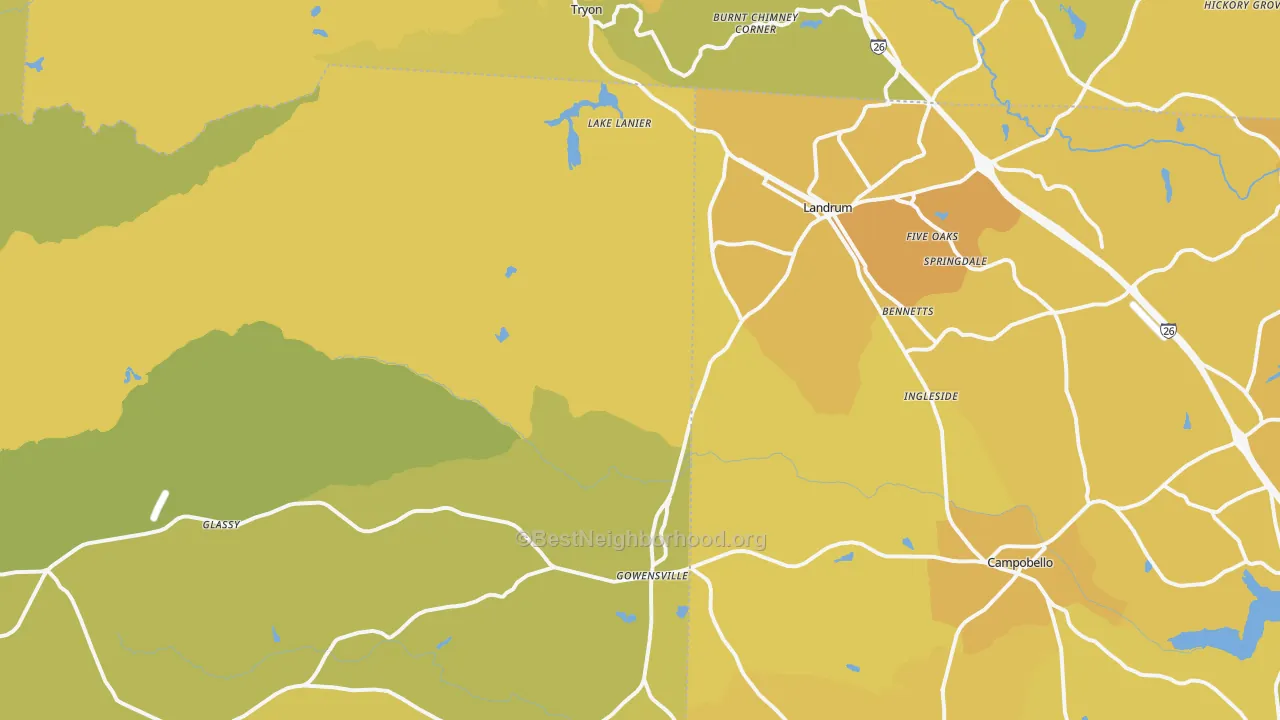 Map of the best neighborhoods in the Landrum area, with better matches in green and worse matches in red