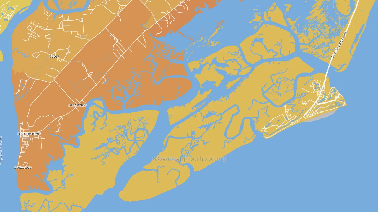 Map of the best neighborhoods in the Lands End area, with better matches in green and worse matches in red