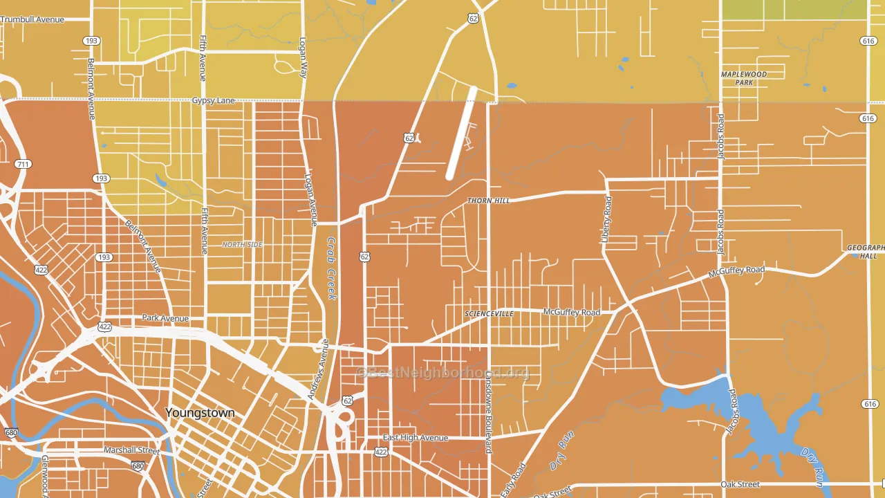 Map of the best neighborhoods in the Landsdowne, Youngstown area, with better matches in green and worse matches in red