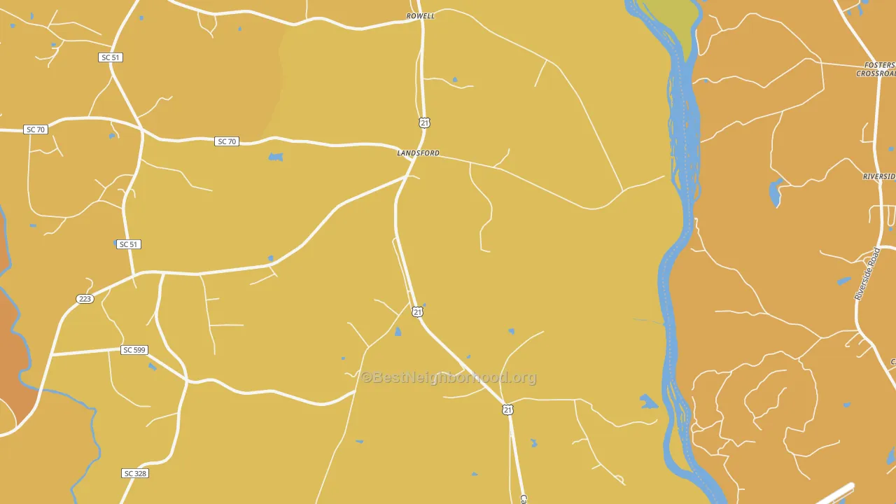 Map of the best neighborhoods in the Landsford area, with better matches in green and worse matches in red