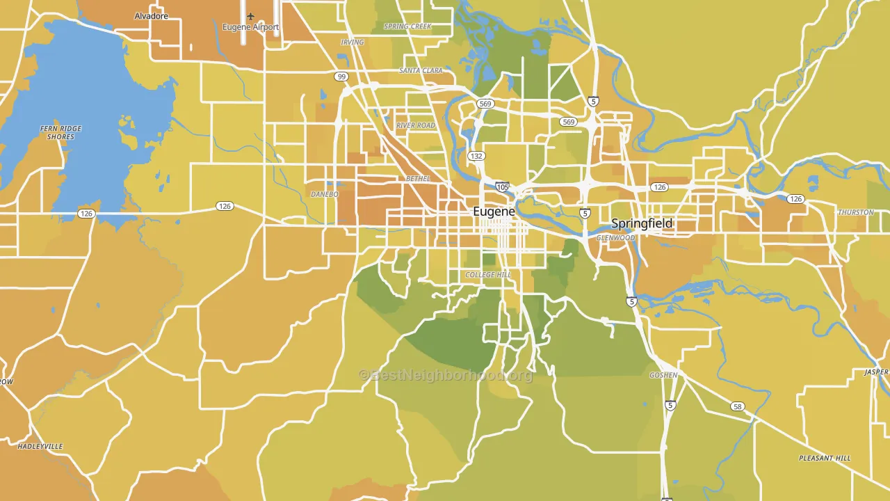 Map of the best neighborhoods in the Lane County area, with better matches in green and worse matches in red