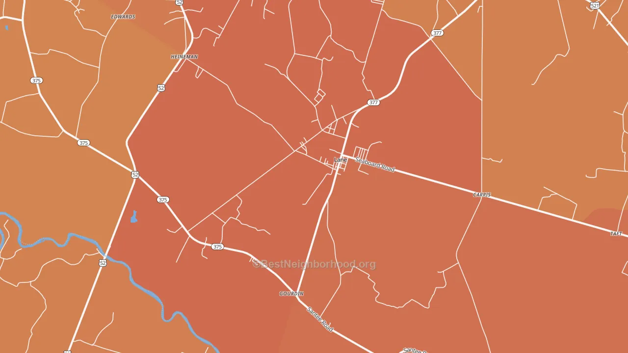 Map of the best neighborhoods in the Lane area, with better matches in green and worse matches in red