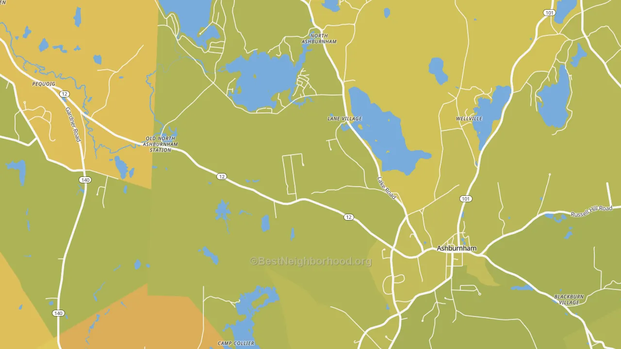 Map of the best neighborhoods in the Lane Village area, with better matches in green and worse matches in red