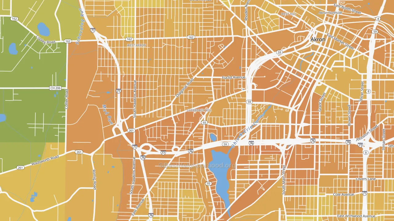 Map of the best neighborhoods in the Lane-Wooster, Akron area, with better matches in green and worse matches in red