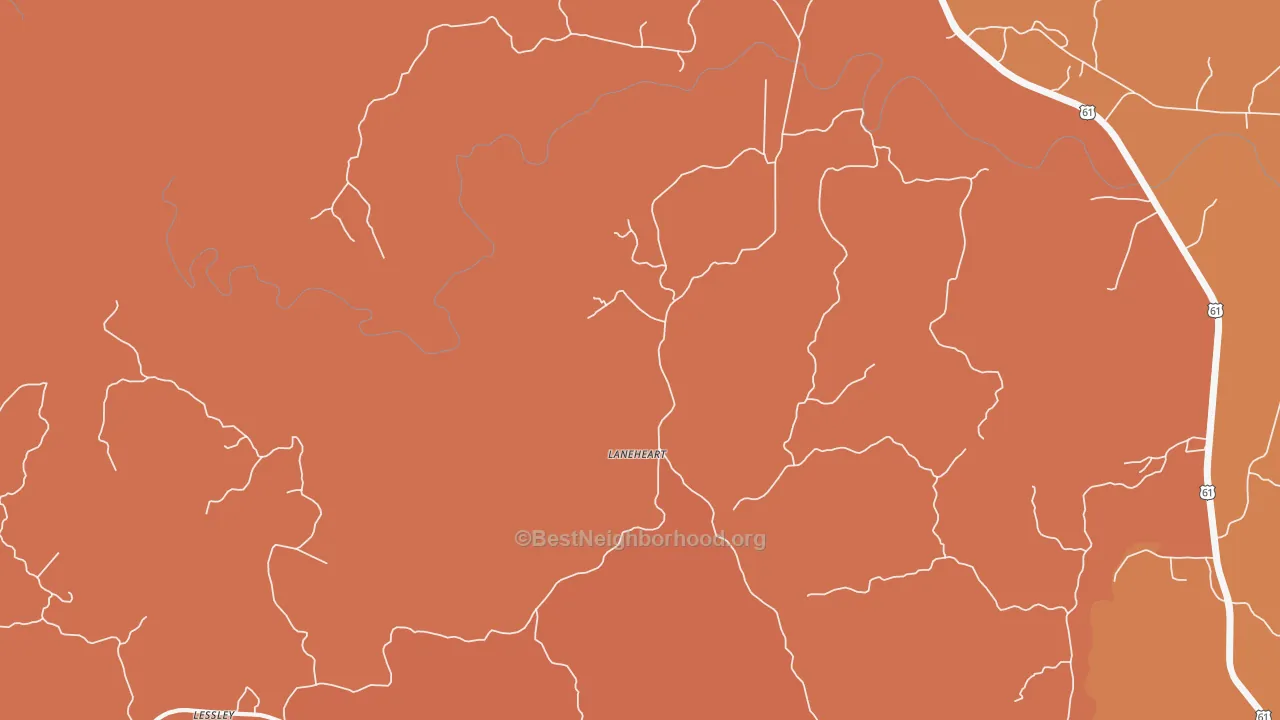 Map of the best neighborhoods in the Laneheart area, with better matches in green and worse matches in red