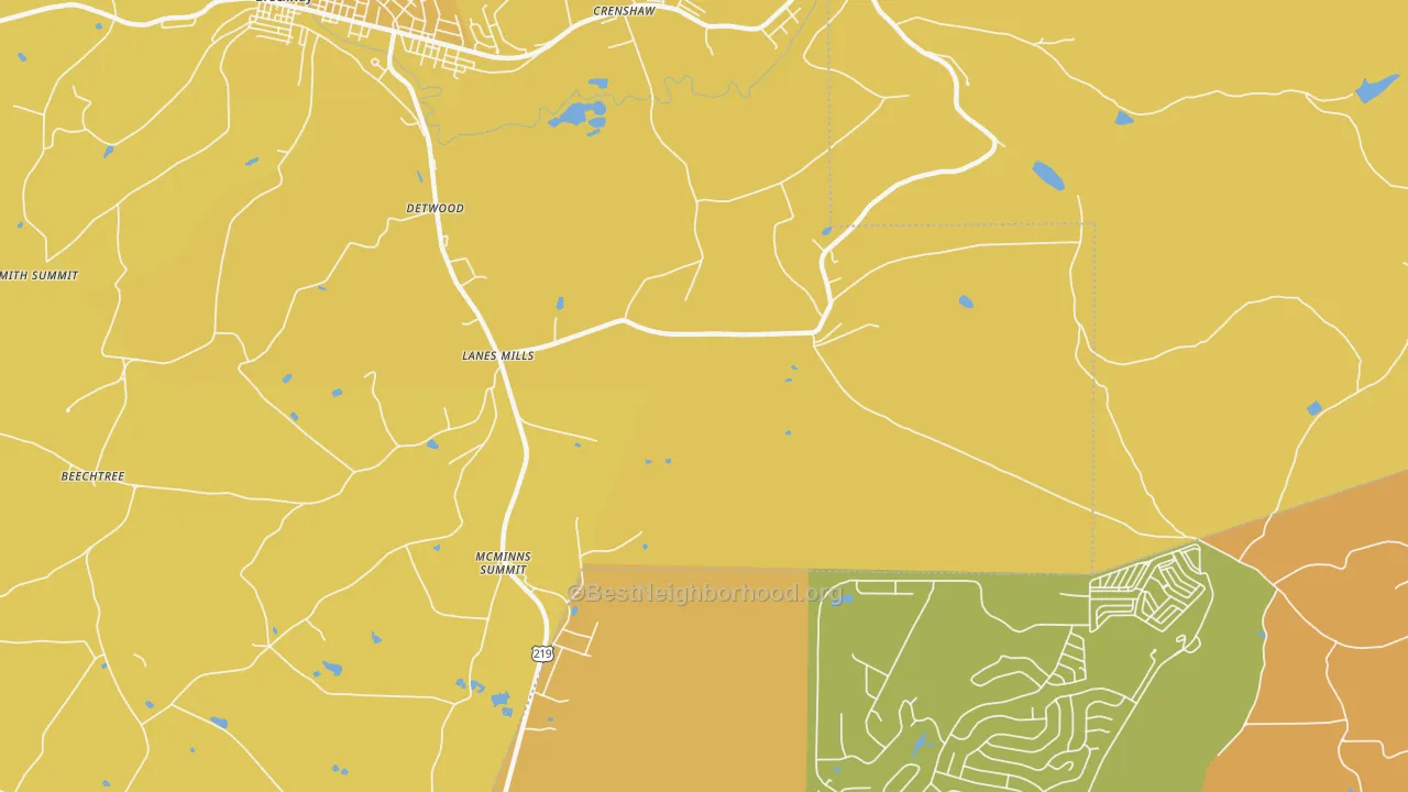 Map of the best neighborhoods in the Lanes Mills area, with better matches in green and worse matches in red