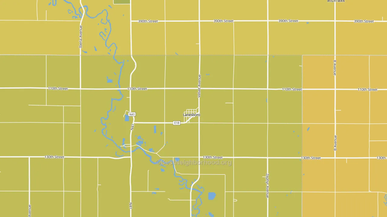 Map of the best neighborhoods in the Lanesboro area, with better matches in green and worse matches in red