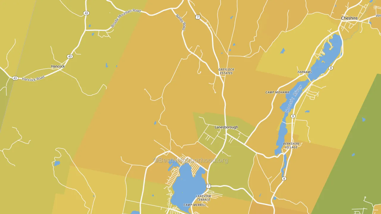Map of the best neighborhoods in the Lanesboro area, with better matches in green and worse matches in red