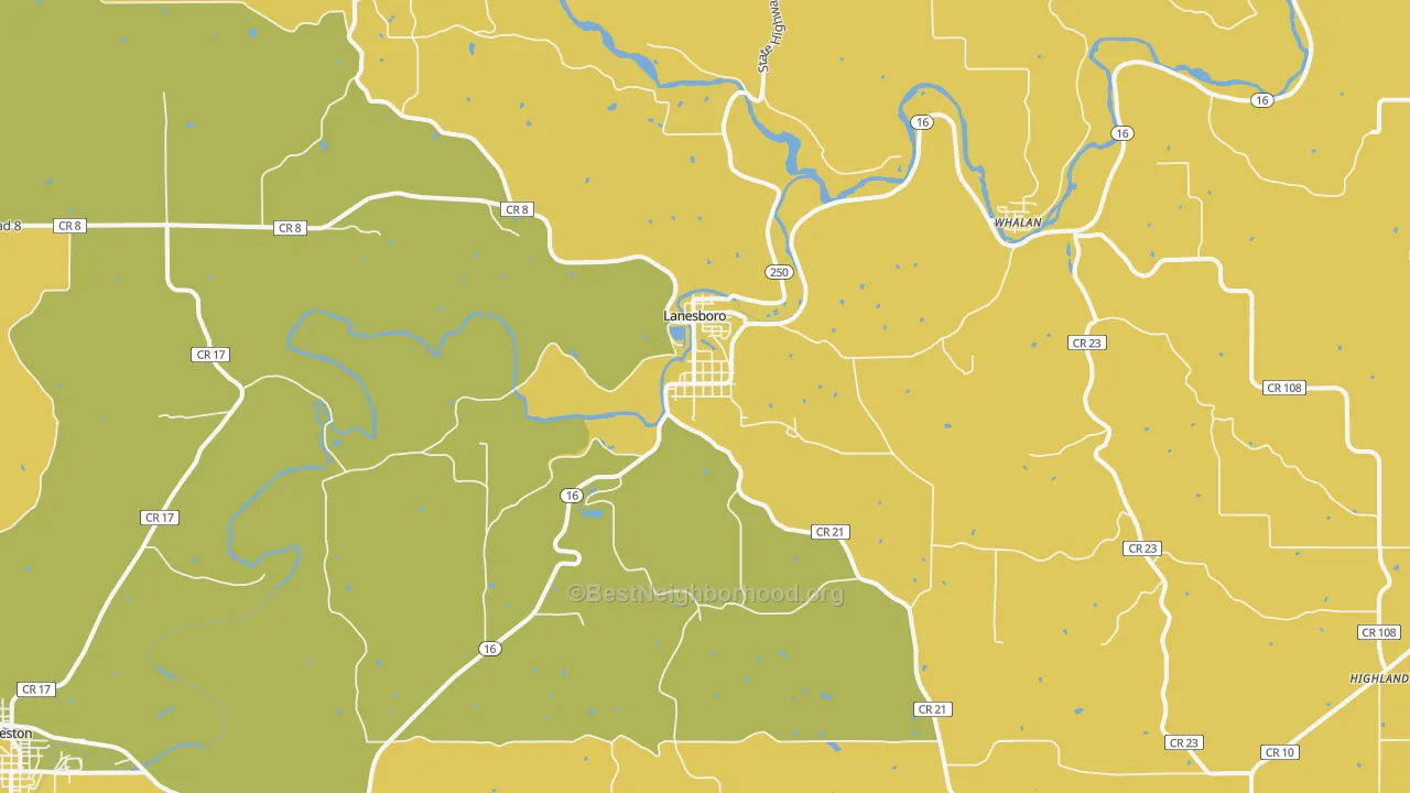 Map of the best neighborhoods in the Lanesboro area, with better matches in green and worse matches in red