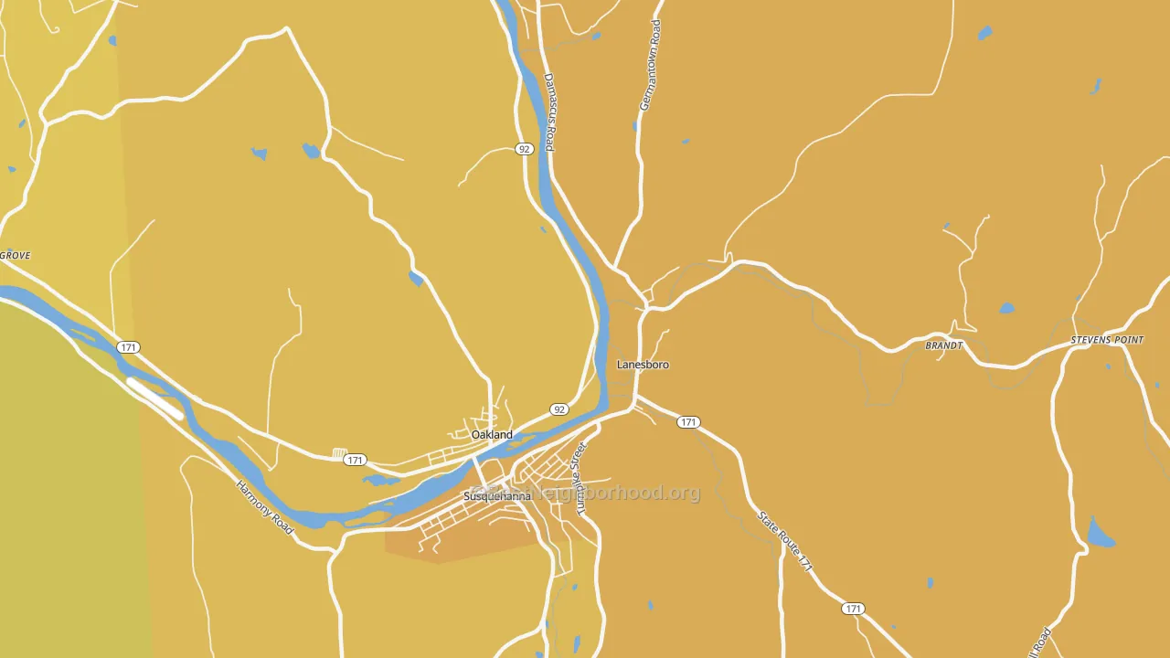 Map of the best neighborhoods in the Lanesboro area, with better matches in green and worse matches in red