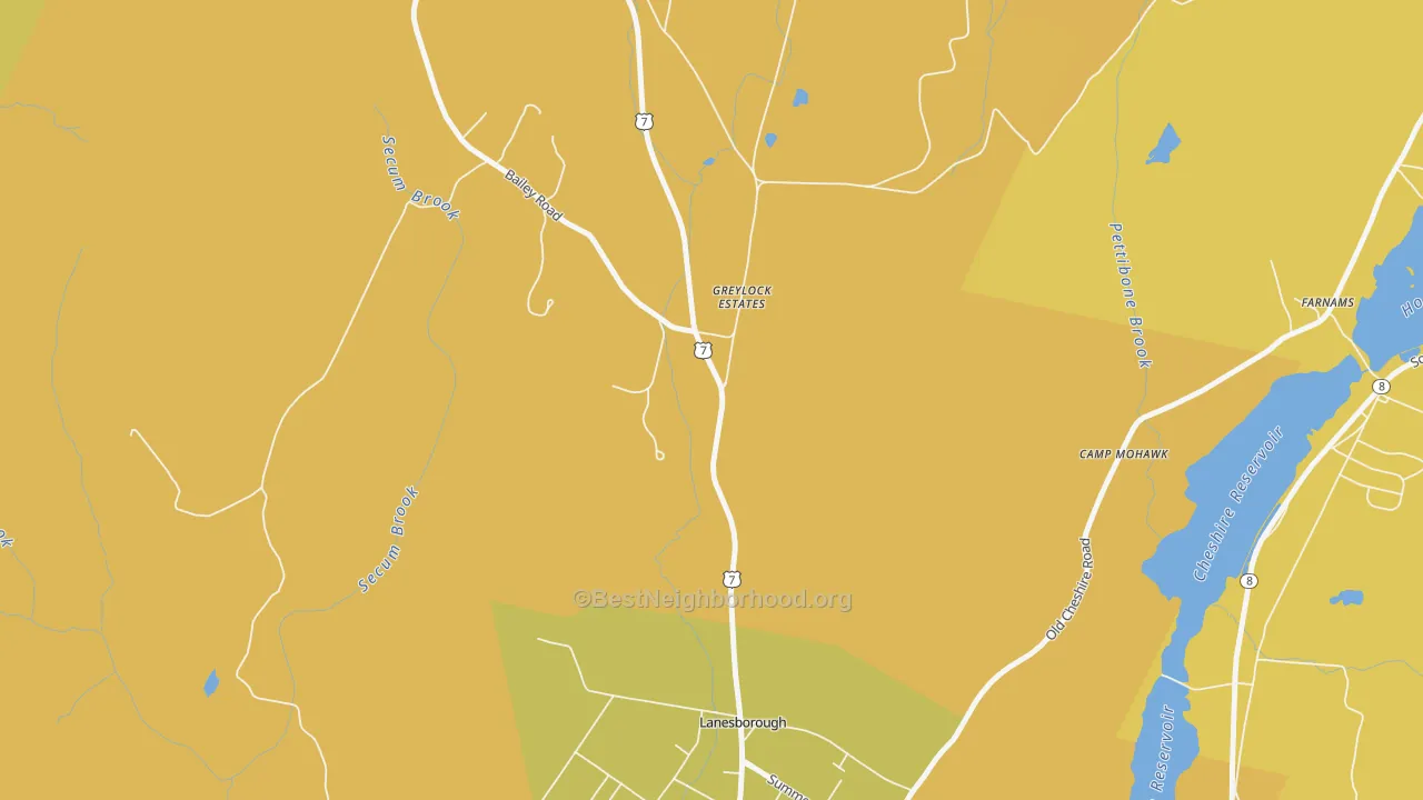 Map of the best neighborhoods in the Lanesborough area, with better matches in green and worse matches in red