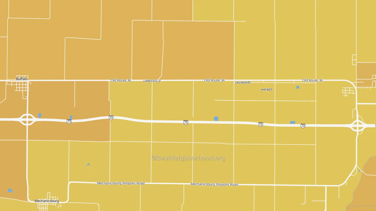 Map of the best neighborhoods in the Lanesville area, with better matches in green and worse matches in red