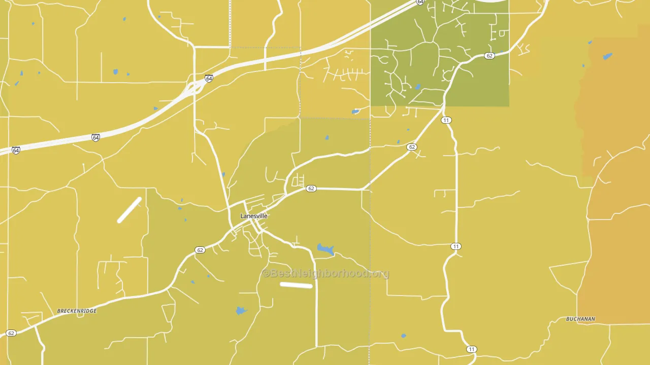 Map of the best neighborhoods in the Lanesville area, with better matches in green and worse matches in red