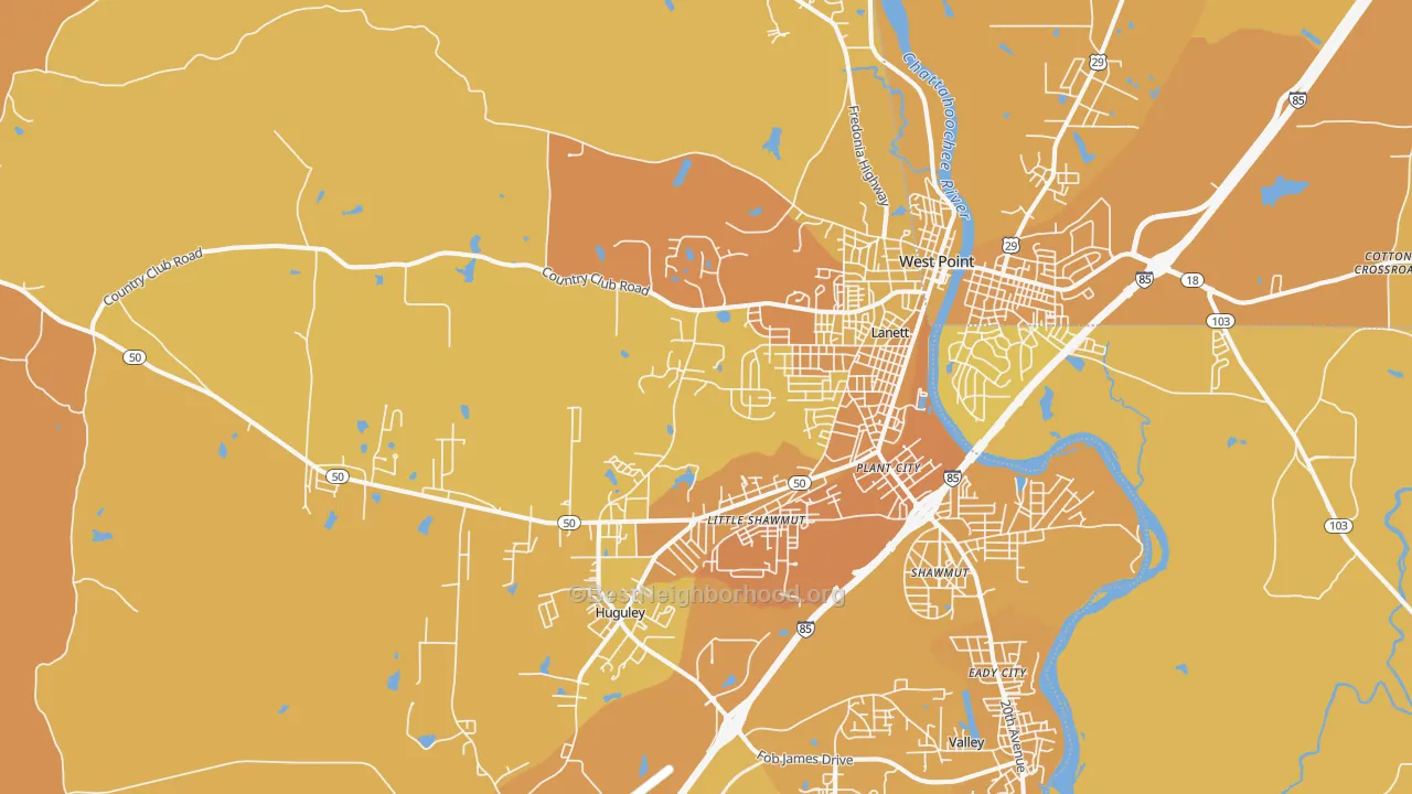 Map of the best neighborhoods in the Lanett area, with better matches in green and worse matches in red