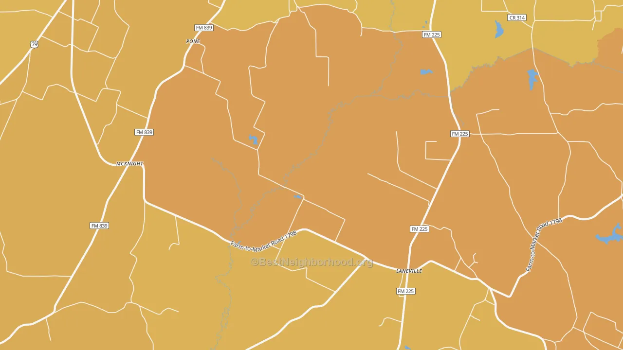 Map of the best neighborhoods in the Laneville area, with better matches in green and worse matches in red