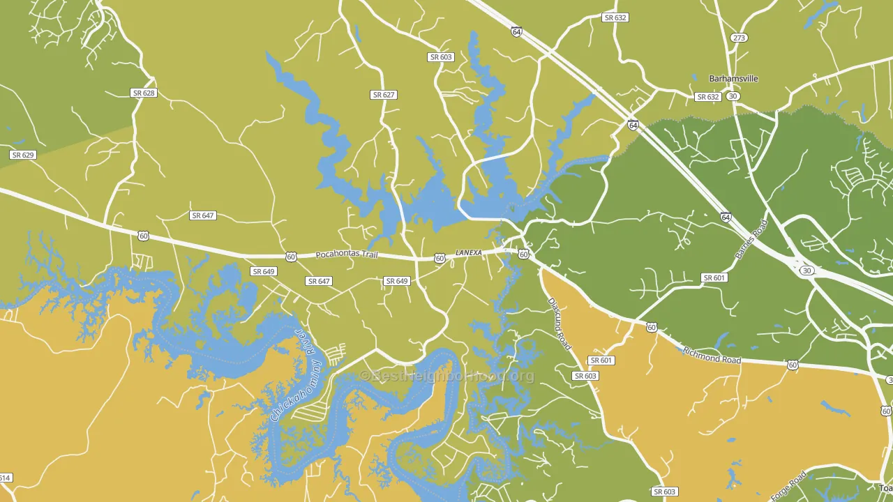 Map of the best neighborhoods in the Lanexa area, with better matches in green and worse matches in red