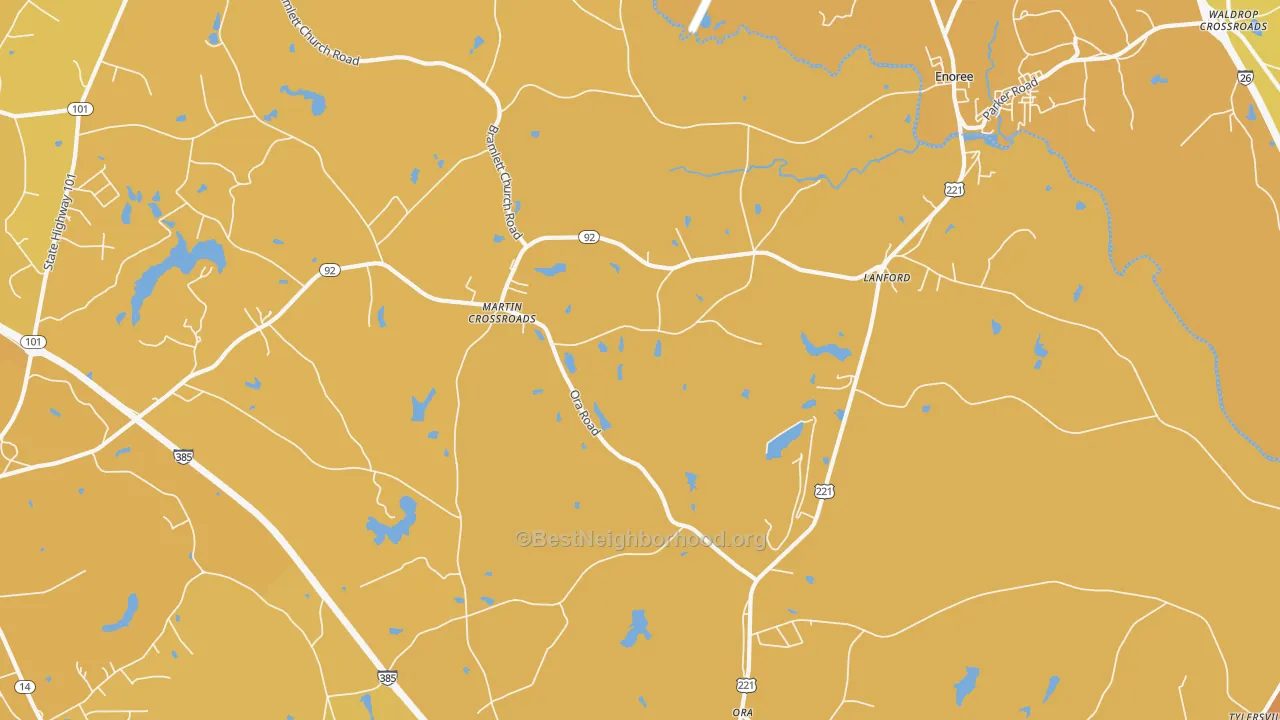 Map of the best neighborhoods in the Lanford area, with better matches in green and worse matches in red