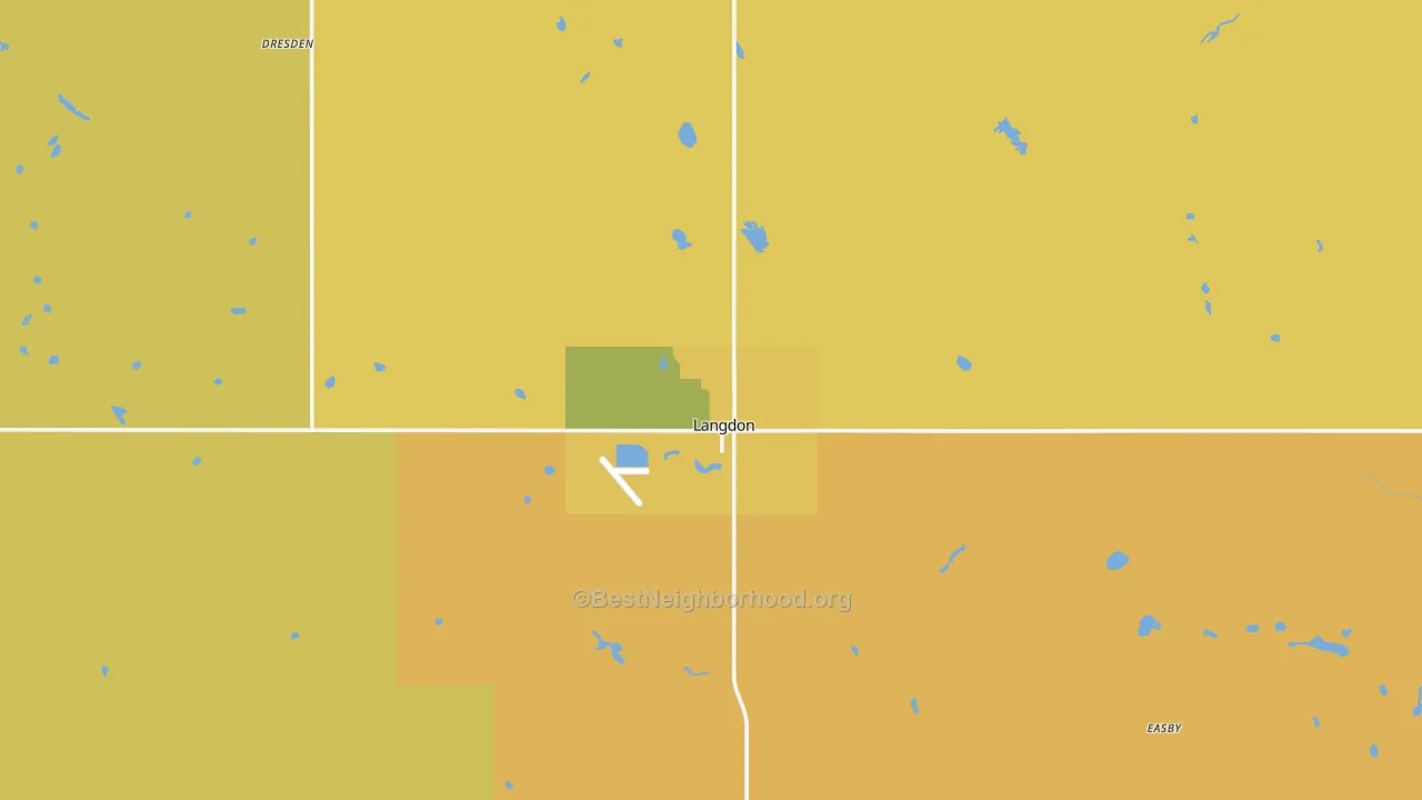 Map of the best neighborhoods in the Langdon area, with better matches in green and worse matches in red