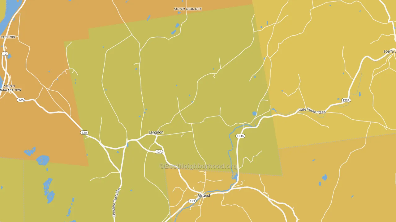 Map of the best neighborhoods in the Langdon area, with better matches in green and worse matches in red
