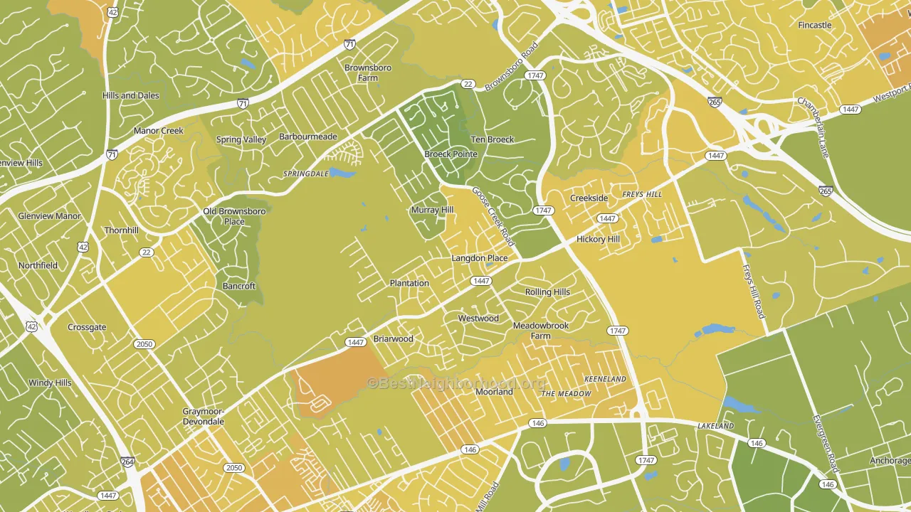 Map of the best neighborhoods in the Langdon Place area, with better matches in green and worse matches in red