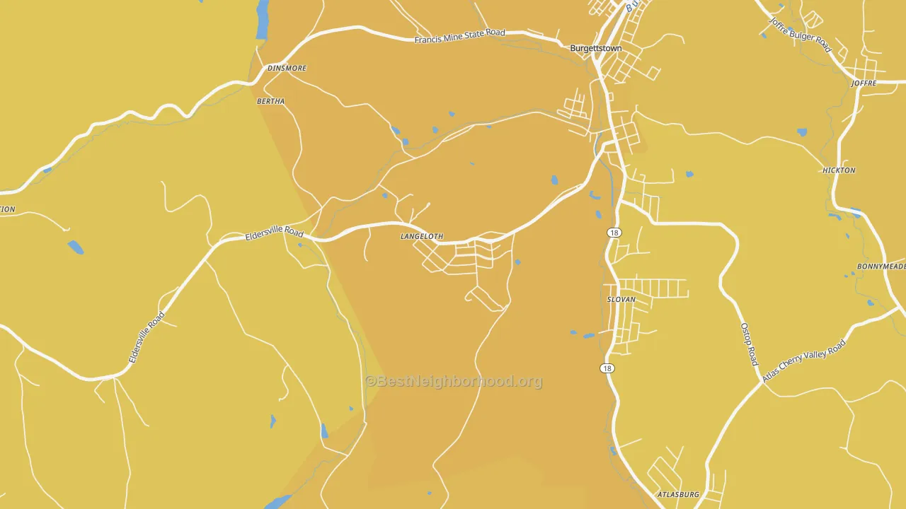 Map of the best neighborhoods in the Langeloth area, with better matches in green and worse matches in red