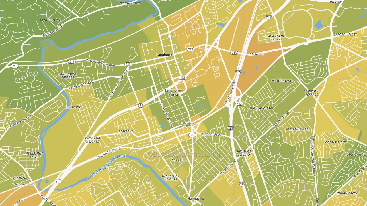 Map of the best neighborhoods in the Langhorne Manor area, with better matches in green and worse matches in red