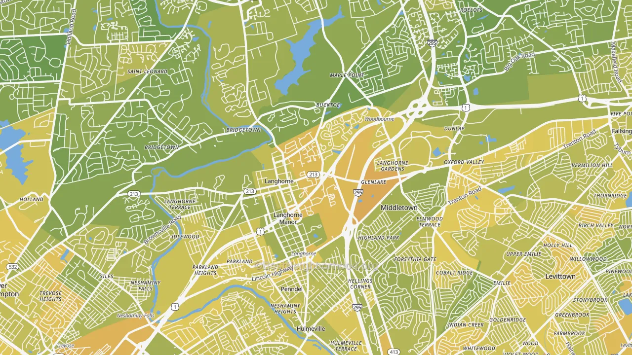 Map of the best neighborhoods in the Langhorne area, with better matches in green and worse matches in red
