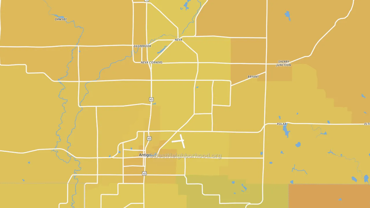 Map of the best neighborhoods in the Langlade County area, with better matches in green and worse matches in red