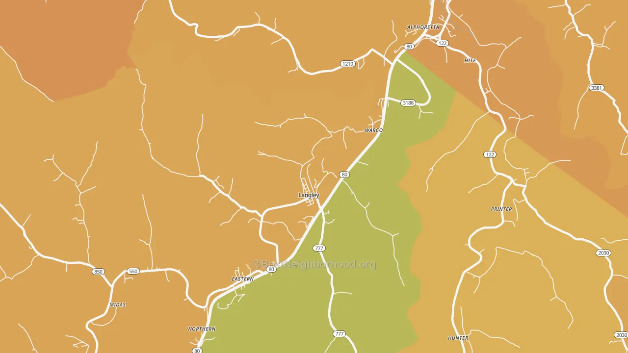 Map of the best neighborhoods in the Langley area, with better matches in green and worse matches in red