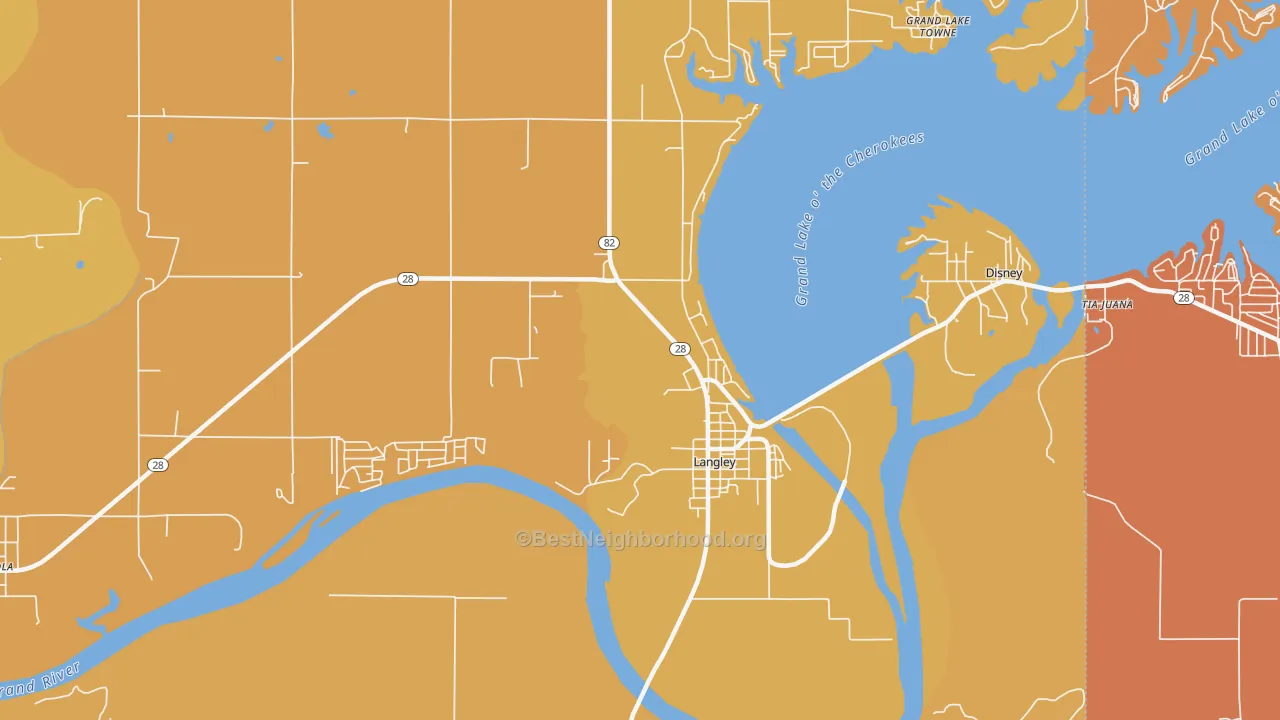 Map of the best neighborhoods in the Langley area, with better matches in green and worse matches in red