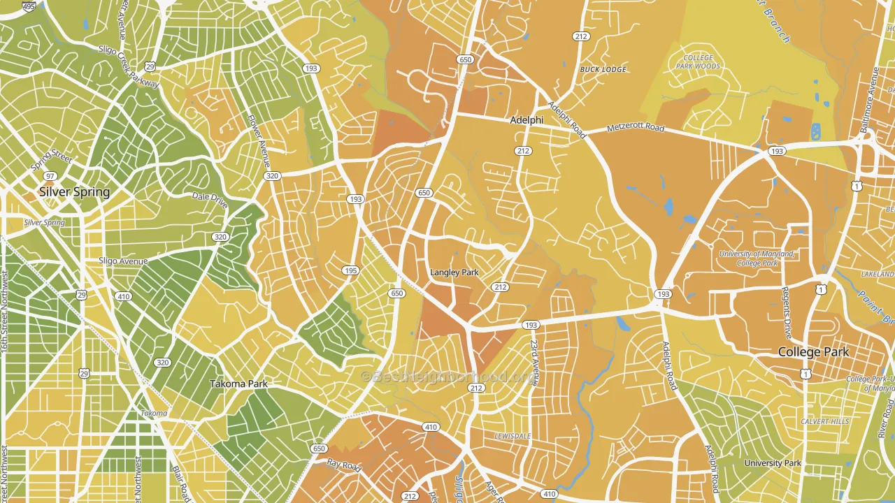Map of the best neighborhoods in the Langley Park, Hyattsville area, with better matches in green and worse matches in red