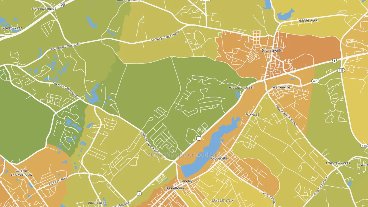 Map of the best neighborhoods in the Langley area, with better matches in green and worse matches in red