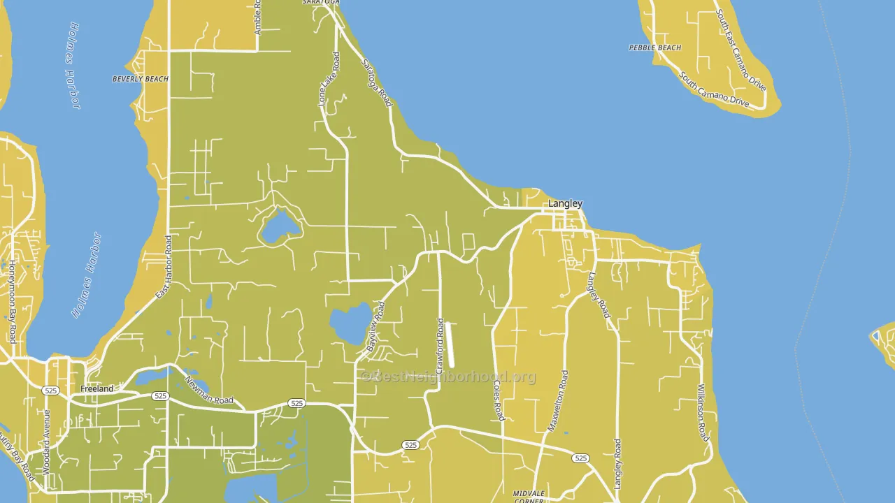 Map of the best neighborhoods in the Langley area, with better matches in green and worse matches in red