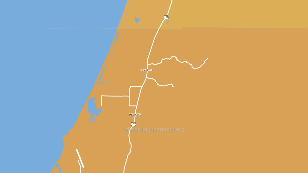 Map of the best neighborhoods in the Langlois area, with better matches in green and worse matches in red