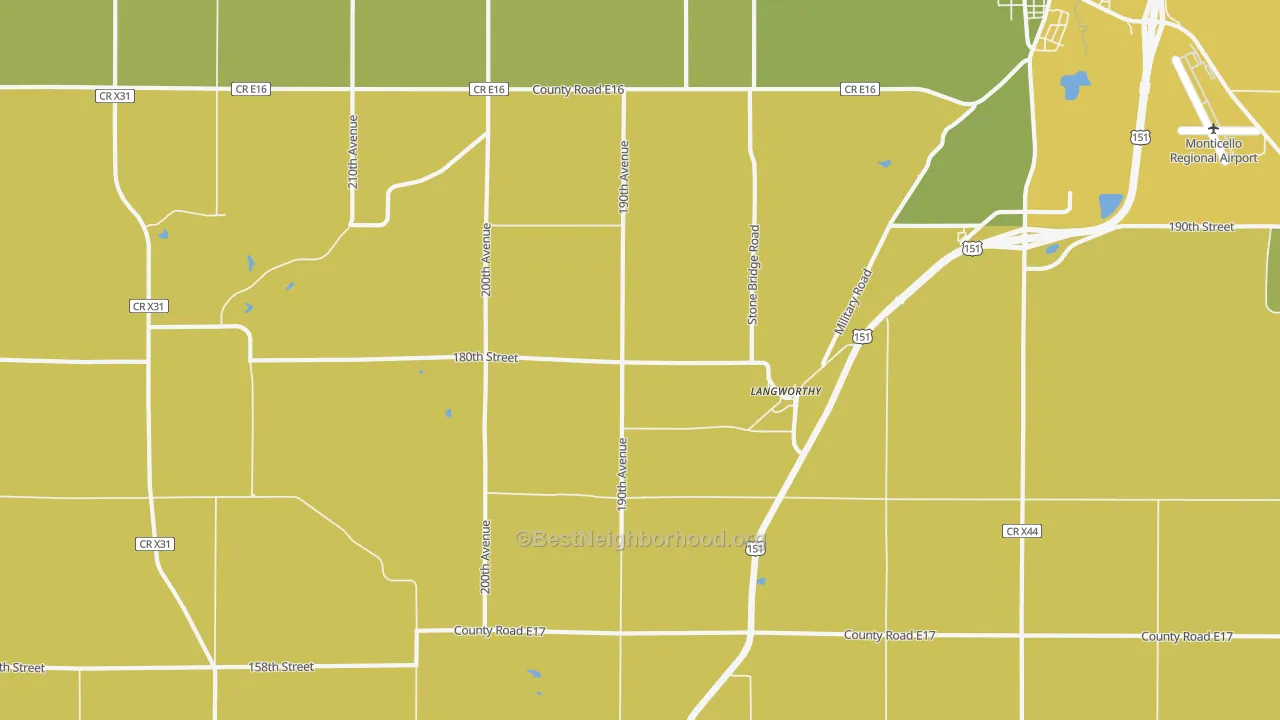 Map of the best neighborhoods in the Langworthy area, with better matches in green and worse matches in red