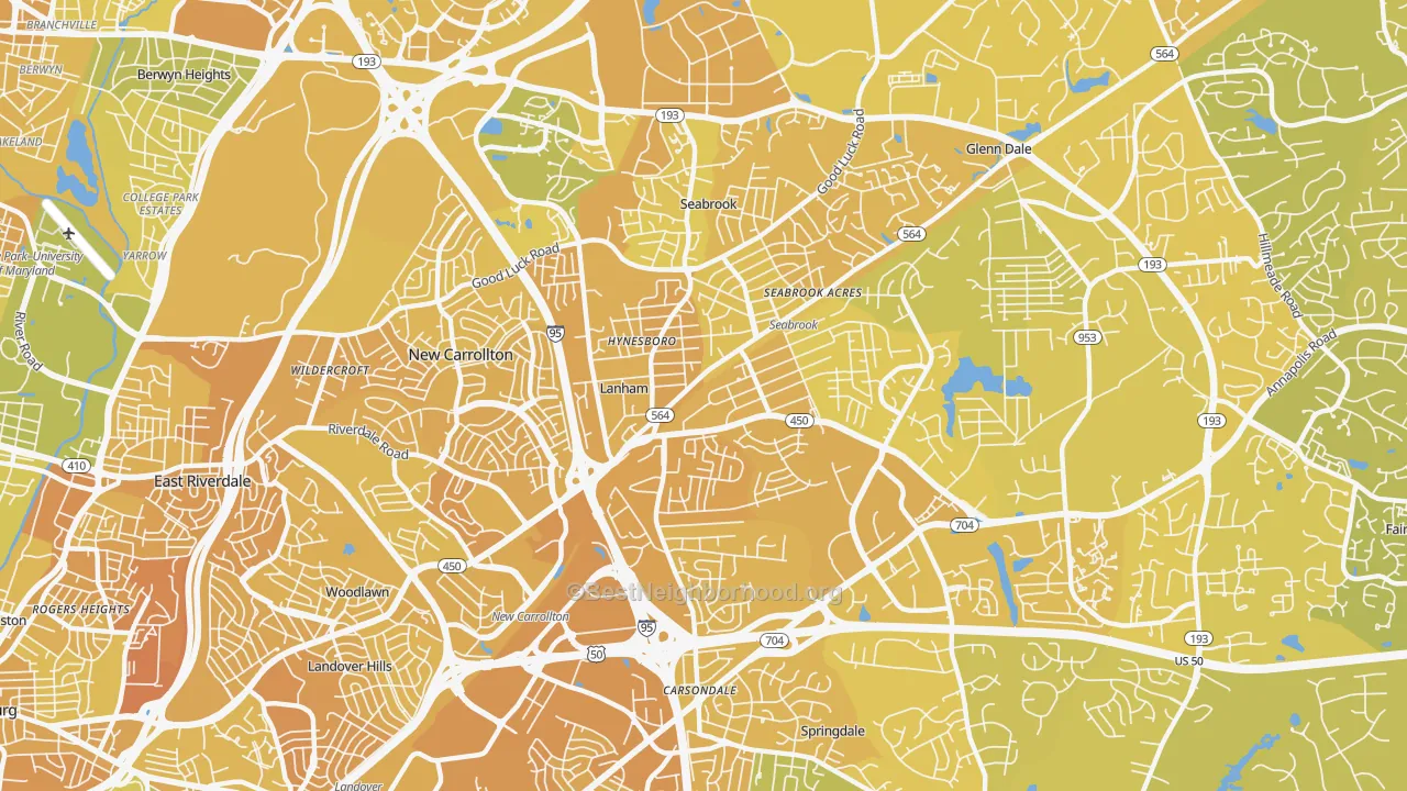 Map of the best neighborhoods in the Lanham area, with better matches in green and worse matches in red