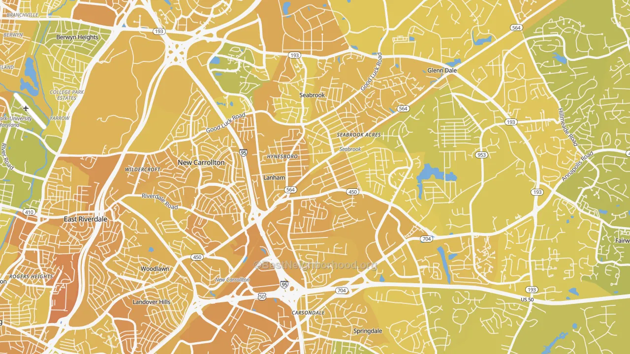 Map of the best neighborhoods in the Lanham-Seabrook, Lanham area, with better matches in green and worse matches in red