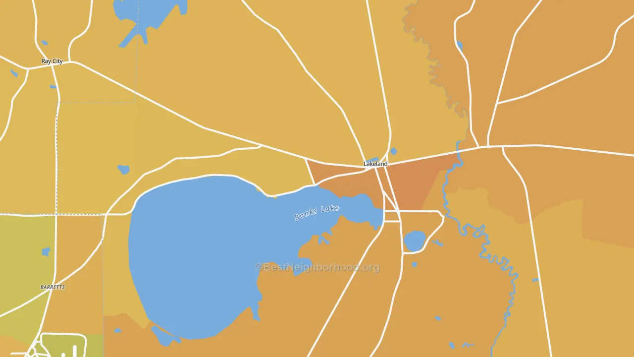 Map of the best neighborhoods in the Lanier County area, with better matches in green and worse matches in red