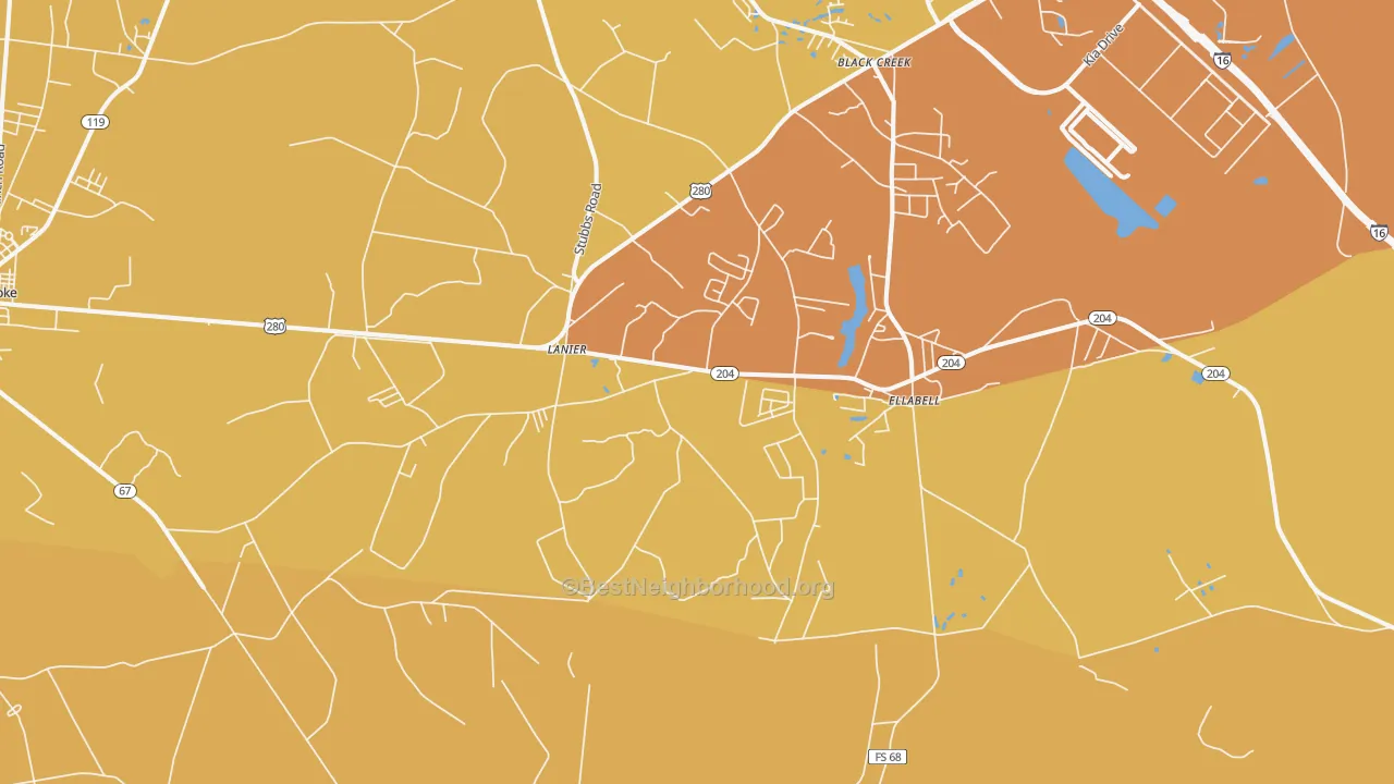 Map of the best neighborhoods in the Lanier area, with better matches in green and worse matches in red