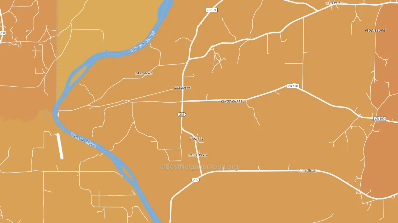 Map of the best neighborhoods in the Laniers area, with better matches in green and worse matches in red