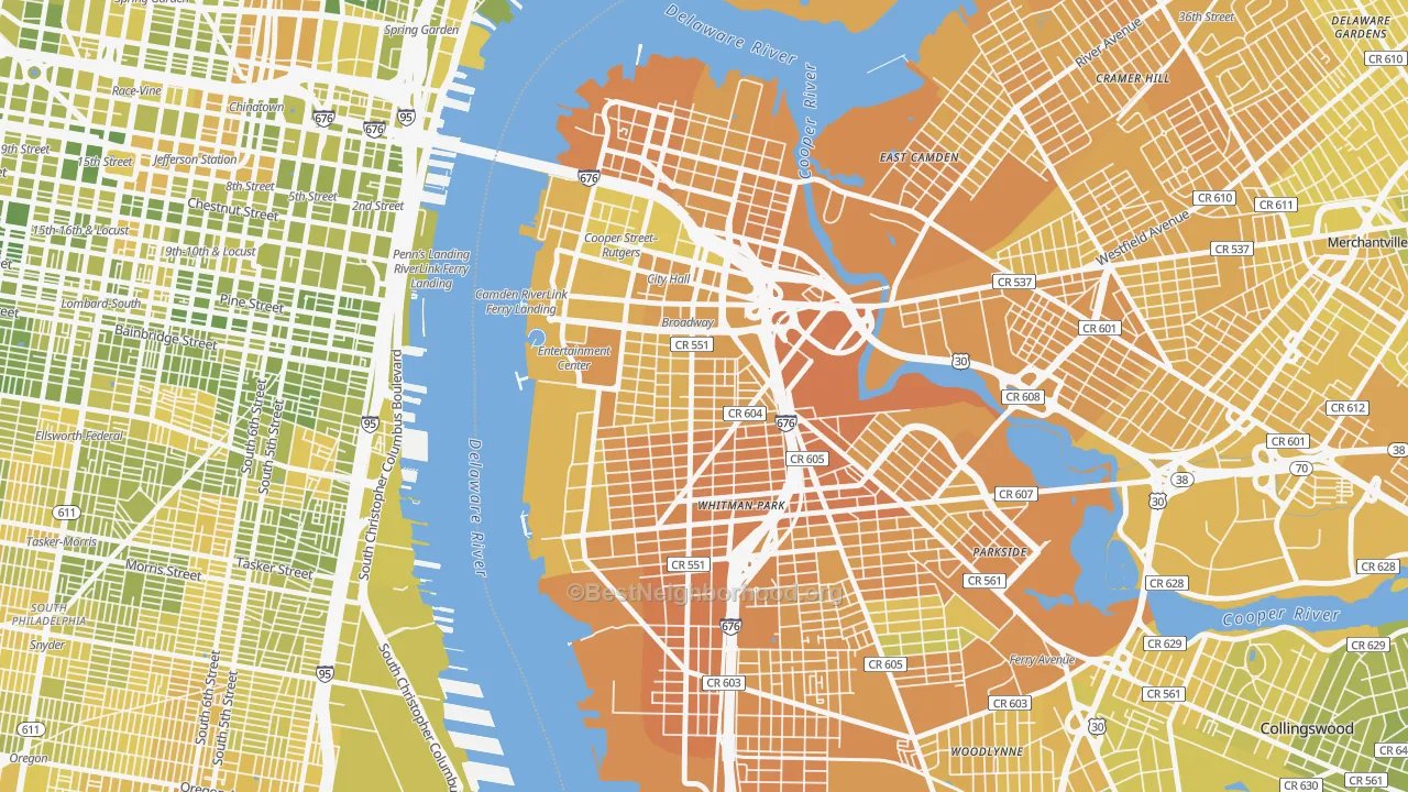 Map of the best neighborhoods in the Lanning Square, Camden area, with better matches in green and worse matches in red