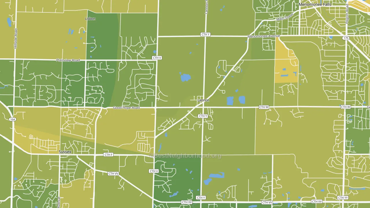 Map of the best neighborhoods in the Lannon area, with better matches in green and worse matches in red