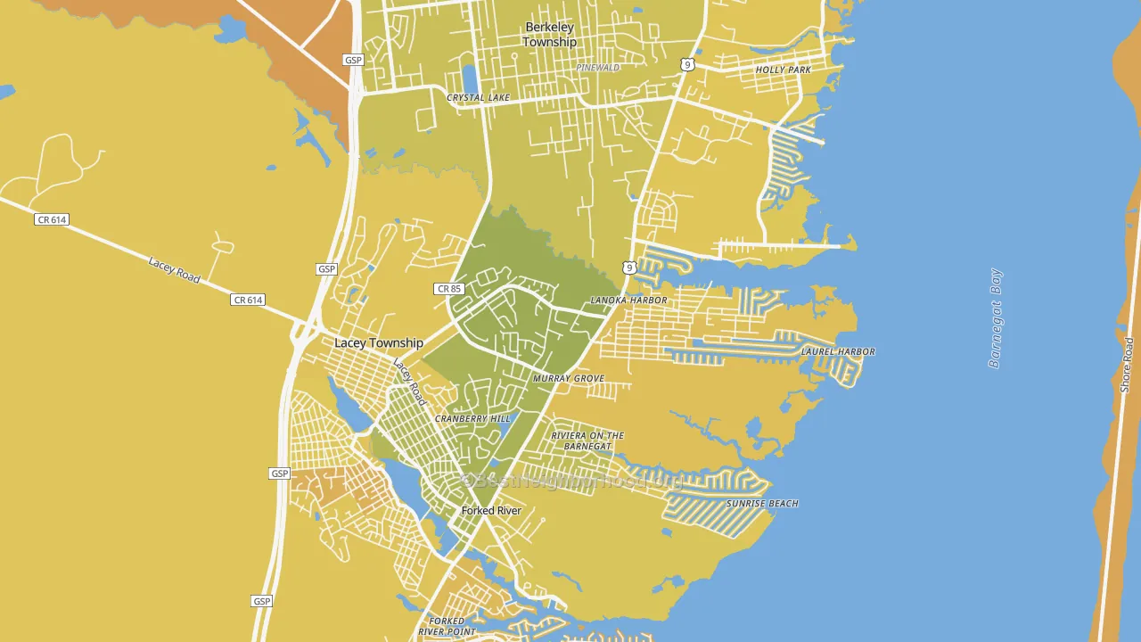 Map of the best neighborhoods in the Lanoka Harbor area, with better matches in green and worse matches in red