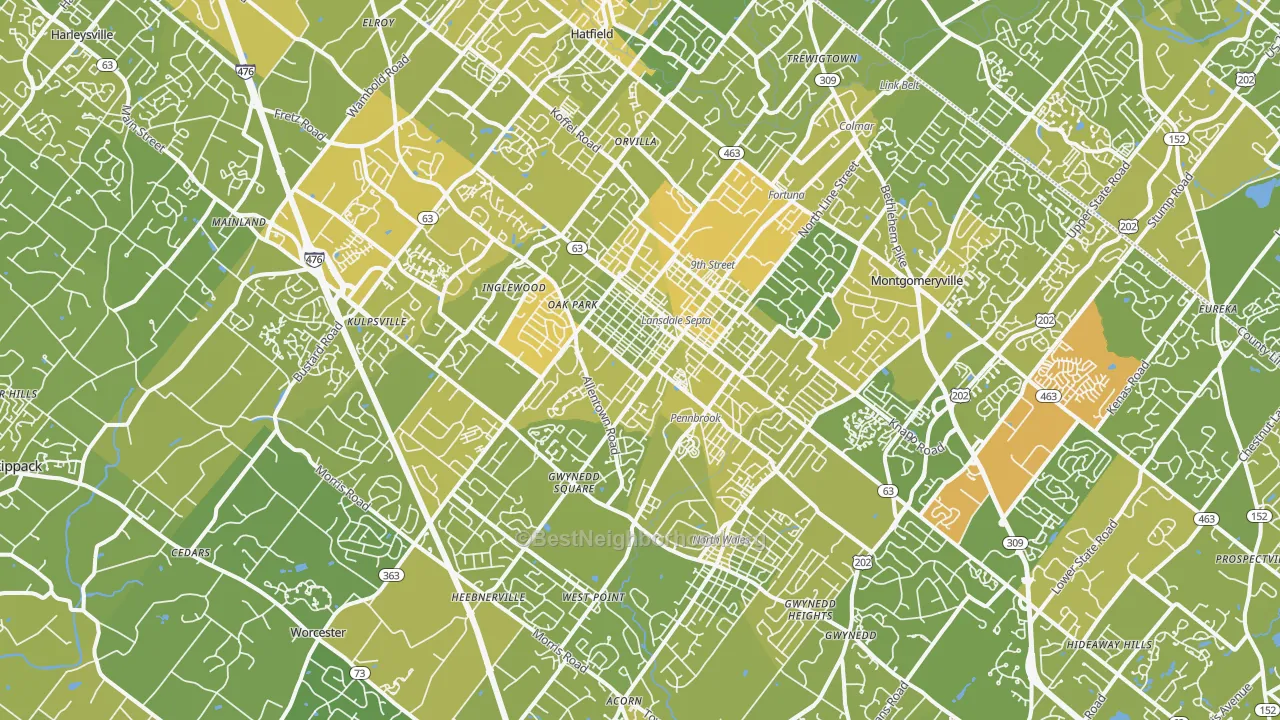 Map of the best neighborhoods in the Lansdale area, with better matches in green and worse matches in red