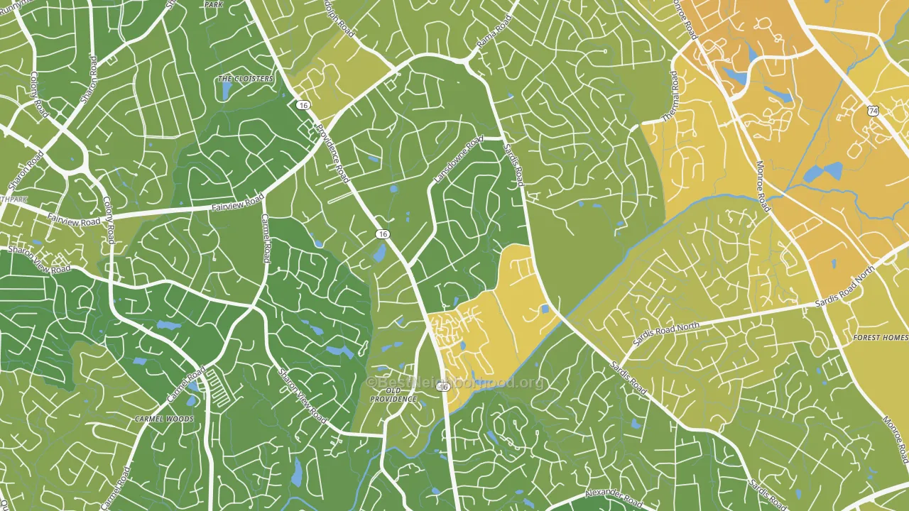 Map of the best neighborhoods in the Lansdowne, Charlotte area, with better matches in green and worse matches in red
