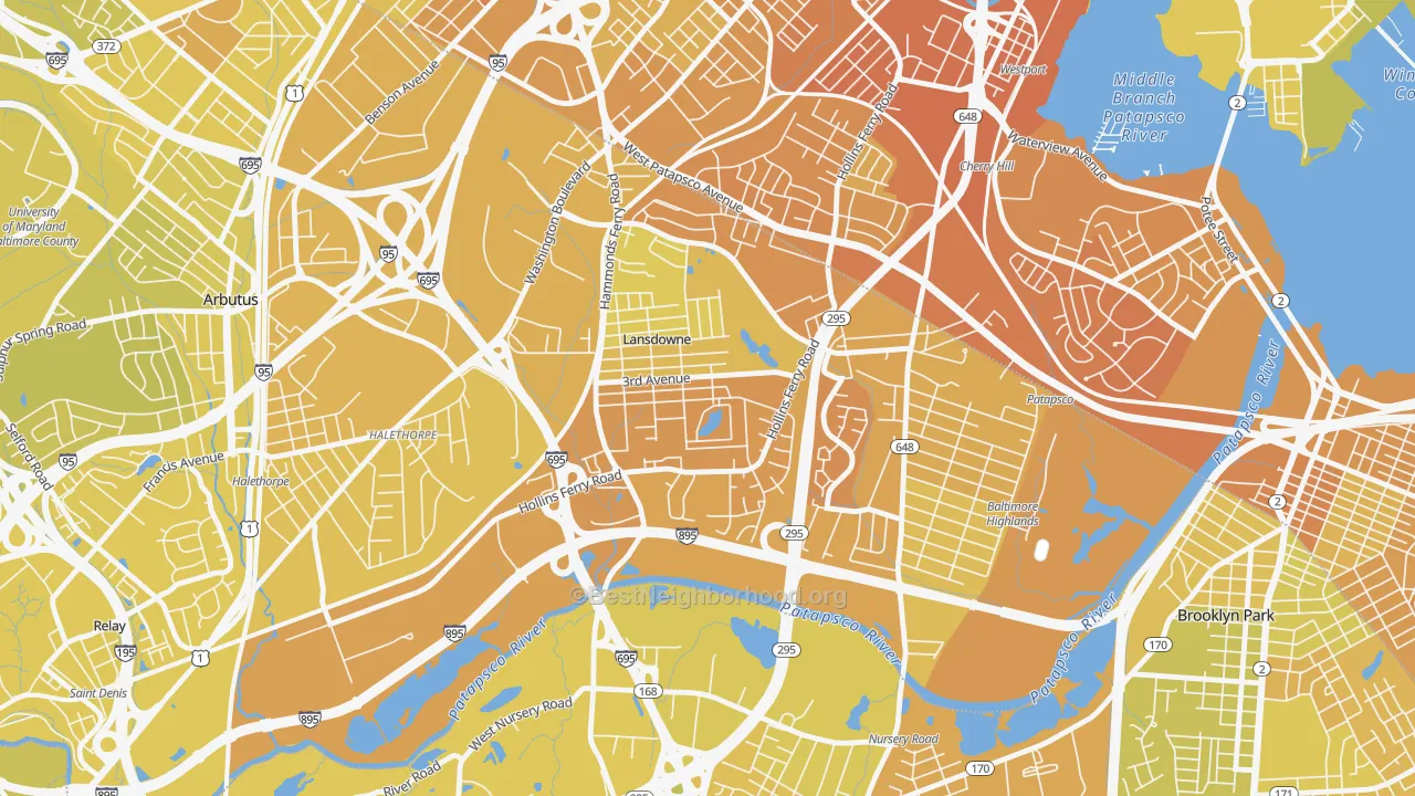 Map of the best neighborhoods in the Lansdowne area, with better matches in green and worse matches in red