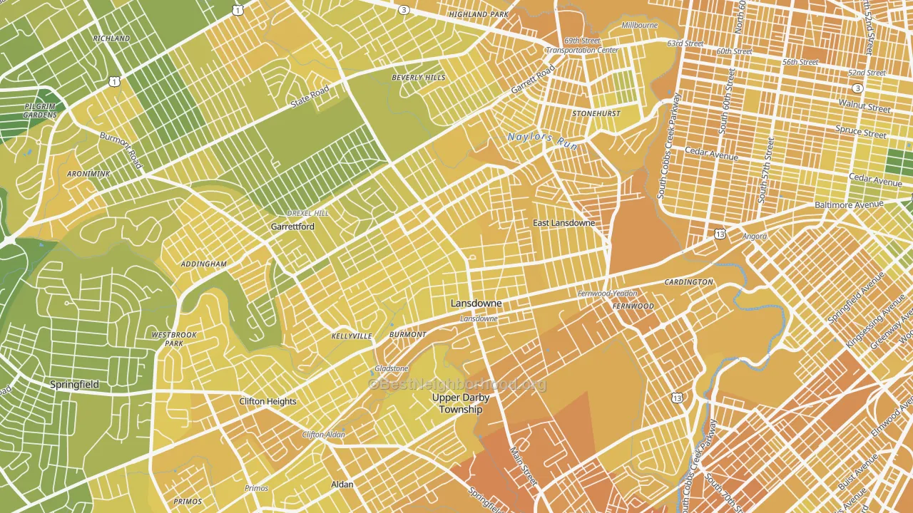 Map of the best neighborhoods in the Lansdowne area, with better matches in green and worse matches in red